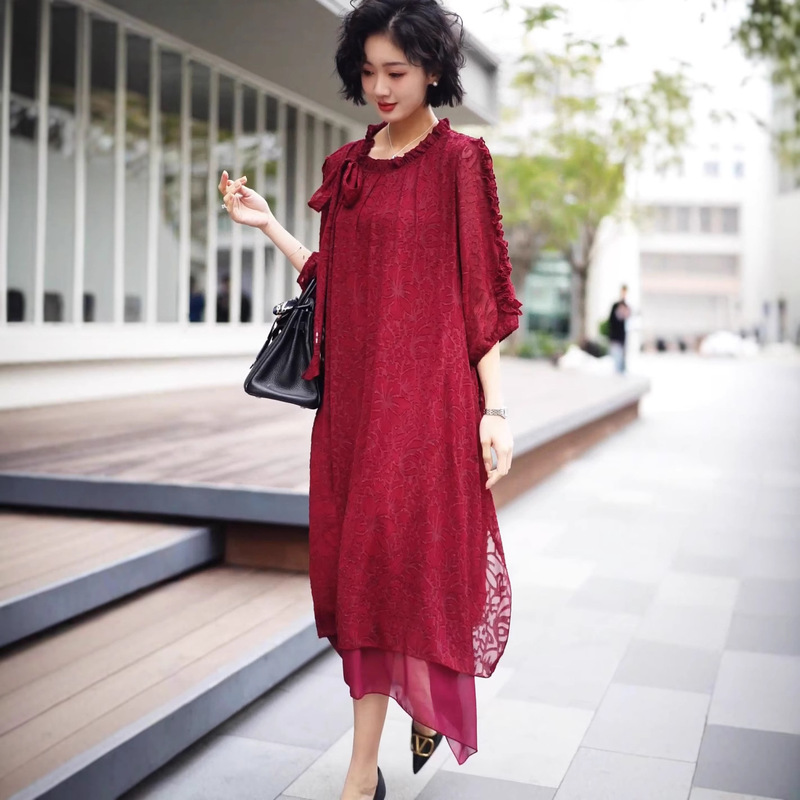 25 Summer New Fashion plus size Elegant Jacquard Irregular dress Loose Slimming Elegant Age-reducing Long Skirt 25 Summer New Fashion plus size Elegant Jacquard Irregular dress Loose Slimming Elegant Age-reducing Long Skirt