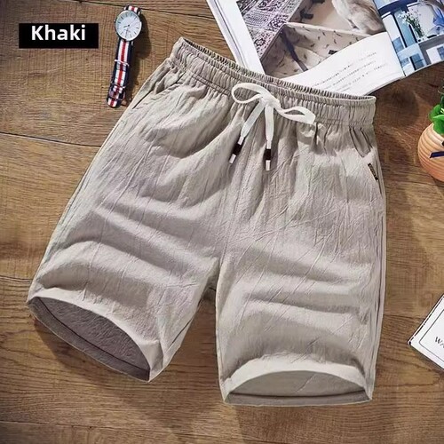Summer New Men's Casual Linen Shorts Elastic Waist Breathable Thin Cotton-Linen Loose Five-Finger Beach Pants for Men