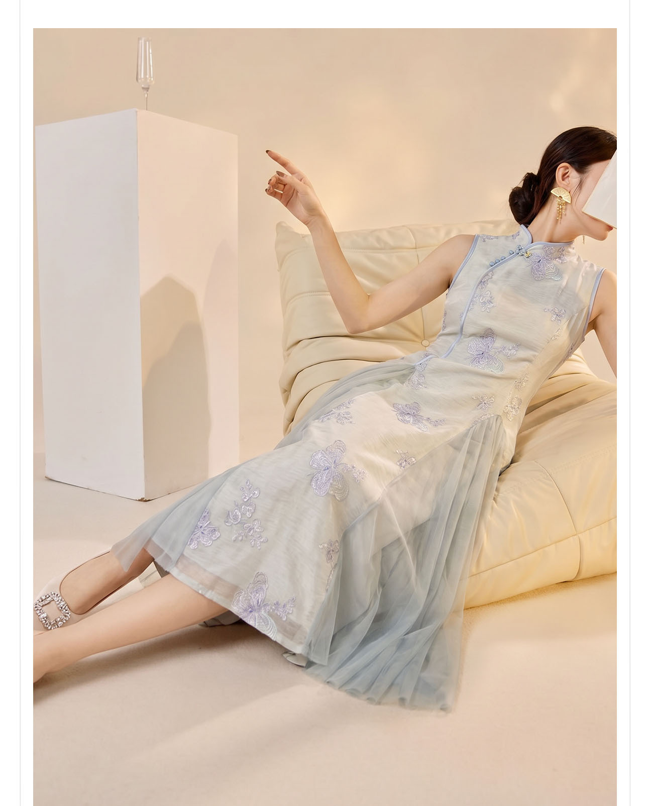 Váy dài không tay nữ tính dáng maxi — màu xanh nhạt chi tiết 2