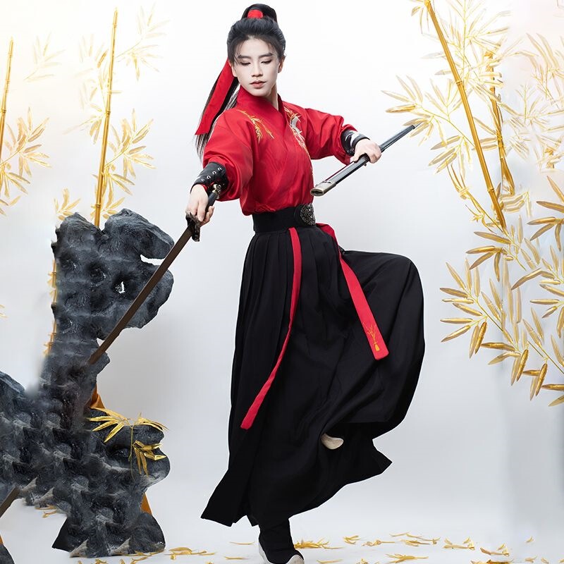 Hanfu for Male and Female Students, Cross-Collar Martial Arts Style Ancient Costume, Black and Red, Cool and Stylish Chinese Style, Embroidered Ancient Style, Handsome Swordsman Class Uniform Hanfu for Male and Female Students, Cross-Collar Martial Arts Style Ancient Costume, Black and Red, Cool and Stylish Chinese Style, Embroidered Ancient Style, Handsome Swordsman Class Uniform