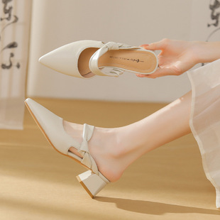Shoes for Women 2024 New Popular Slippers for Women Summer Outer Wear Soft Leather Bag Pointed Toe Half Slippers with Thick Heel Mule Shoes
