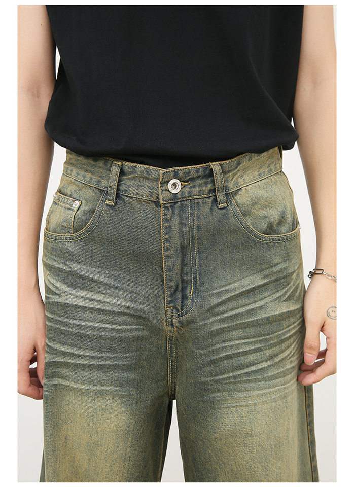 Quần jean nam ống rộng ống đứng dáng suông, vải denim giặt nước hiệu ứng râu mèo — Xanh cổ điển chi tiết 12