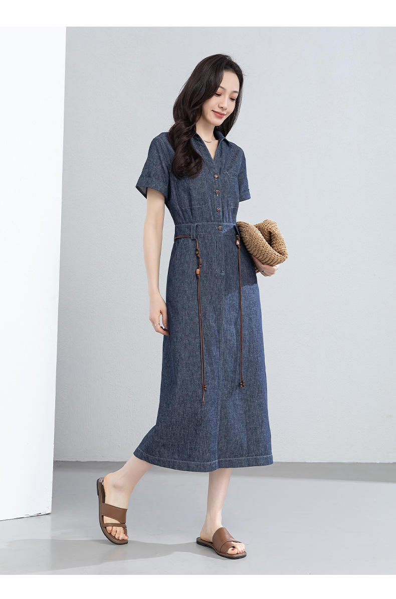 Đầm maxi nữ thắt eo tay ngắn chất liệu cotton pha linen phong cách Pháp — Xanh da trờicolor chi tiết 19