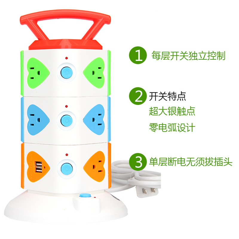 南美洲美式美标美规3层USB充电移动式电源 立式插排 USB插座批发