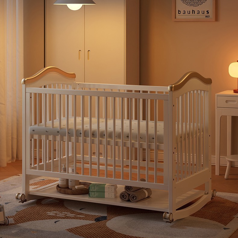 Baby Crib, Solid Wood, Newborn Baby Cradle, Multi-Functional, Paint-Free, Movable, Children's Splicing Large Bed, All Solid Wood