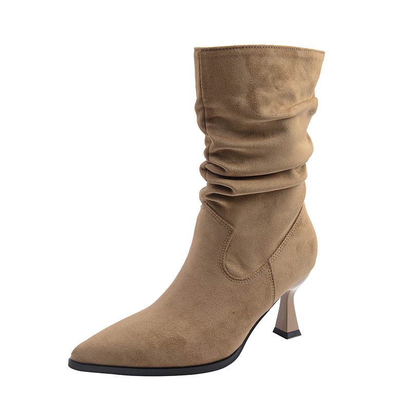 Cizme din piele întoarsă cu toc și vârf ascuțit pentru gambe_voghion.com