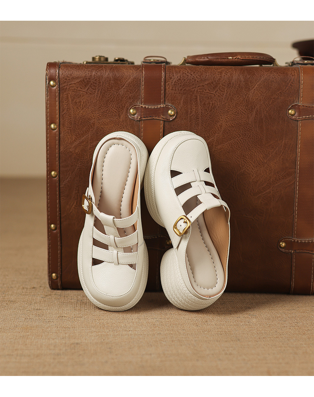 Sandal cao gót nữ mũi hở đế dày da cừu kiểu dệt lỗ — màu trắng ngà chi tiết 16