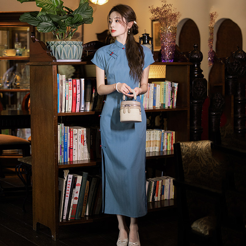 藍色國風中式長款改良旗袍2025新款年輕款少女民國風學生裝春夏季