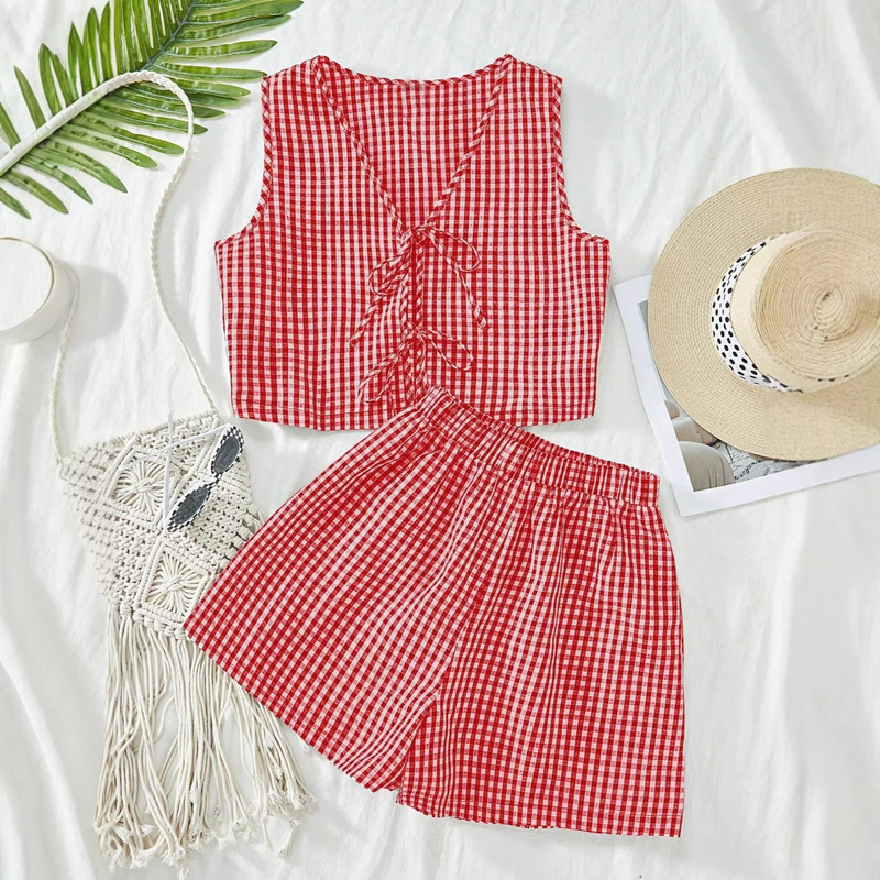 Cross-Border Women's New Fashion Casual Plaid Lace-Up Vest and Shorts 2-Piece Set for Travel, Vacation, Outings, and Gatherings Cross-Border Women's New Fashion Casual Plaid Lace-Up Vest and Shorts 2-Piece Set for Travel, Vacation, Outings, and Gatherings