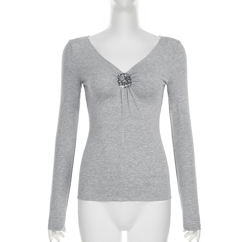 Deep V Plunge neck Special Interest Design Sequined Long Sleeved T shirt Sexy Young Slimming Bottoming Shirt Two Piece Sets