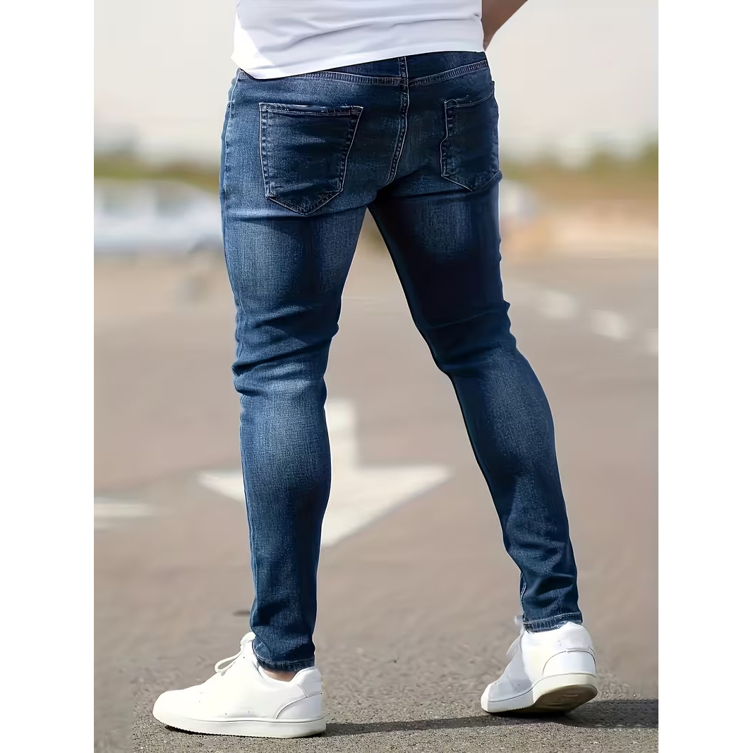 Jeans da uomo slim fit in denim elasticizzato | Jeans skinny strappati e dall'aspetto vissuto per uno stile casual da strada | Tessuto elasticizzato e confortevole_voghion.com