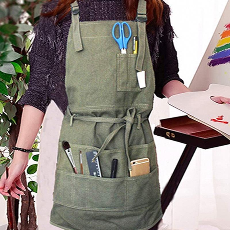 藝術(shù)家帆布圍裙帶口袋畫圍裙可調(diào)節(jié)頸帶/腰部系帶畫家圍裙