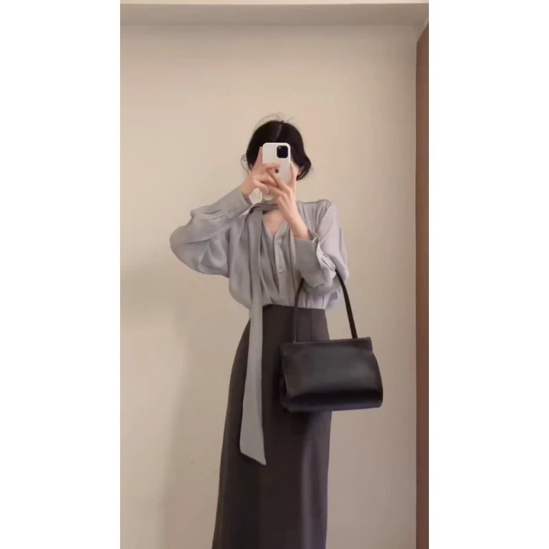 法式轻熟风V领飘带长袖衬衫上衣搭配包臀半身裙两件套|undefined