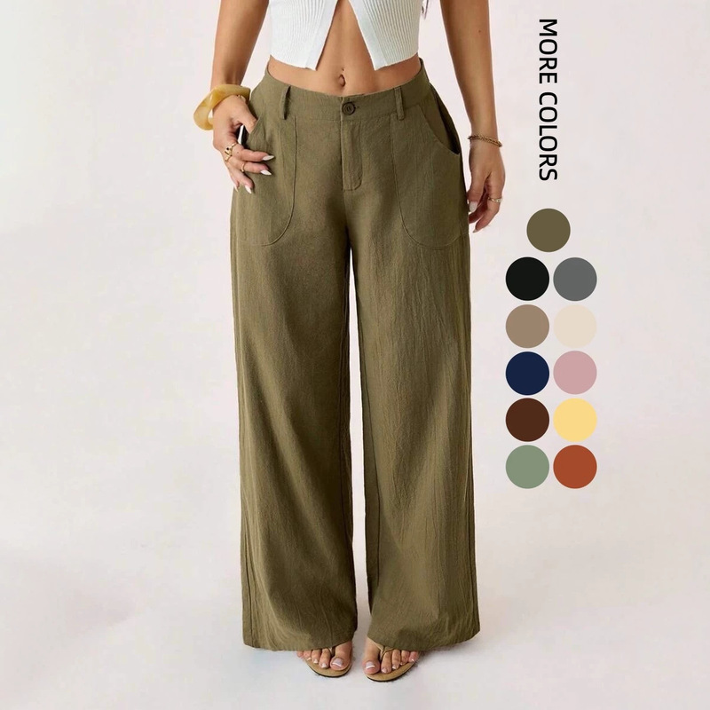 2026 Spring New Cross-Border Cotton Linen Wide-Leg Pants for Women, Mid-Waist Long Pants, Casual Commuter Style, Solid Color with Pockets