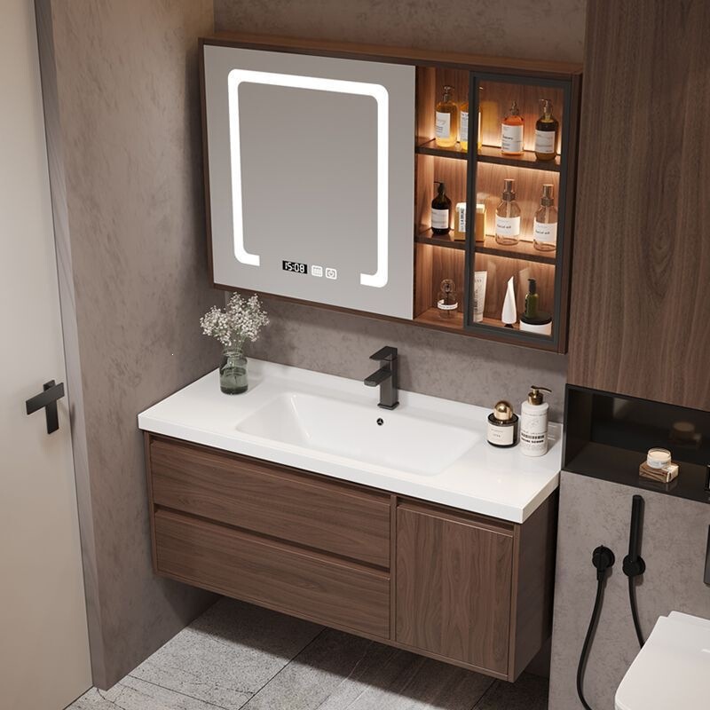 Bathroom Cabinet Set in New Chinese Style with Solid Walnut Wood and Ceramic Integrated Design, Featuring a New Washbasin