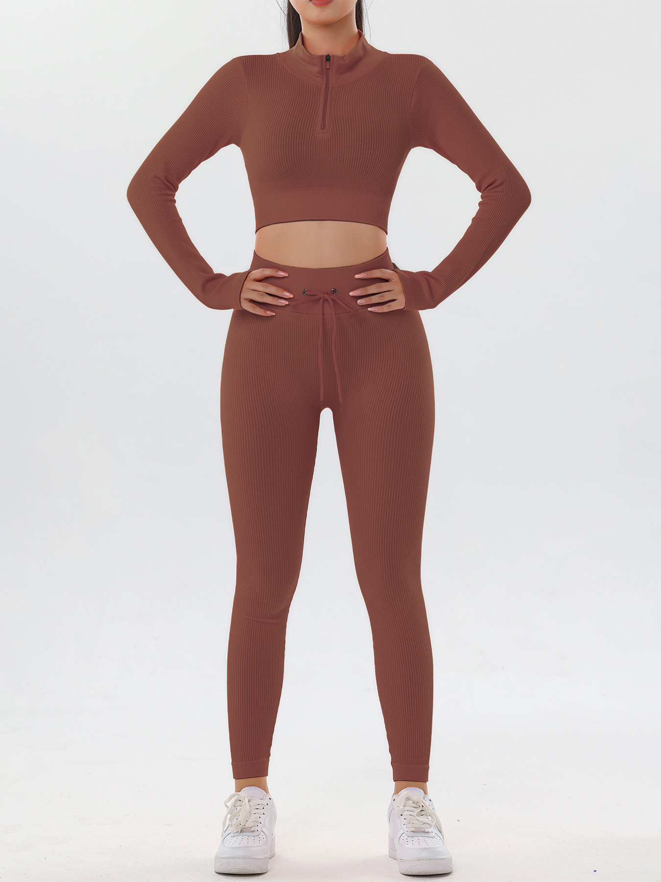 Traje de yoga con cordón de hilo Otoño e Invierno alto elástico Levantamiento de cadera fitness ropa de yoga ropa exterior deportes pantalones de manga larga traje de dos piezas