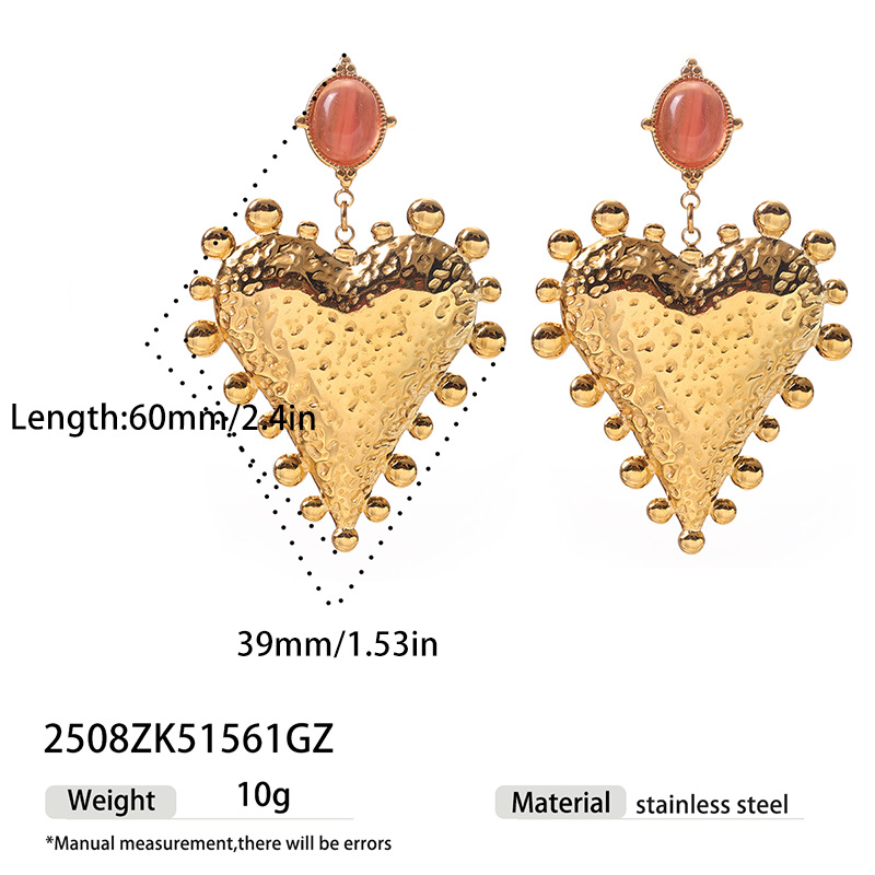 TENA estilo francés antiguo amor colgante de piedra natural pendientes de lujo ligero retro acero inoxidable orejas doradas para mujeres