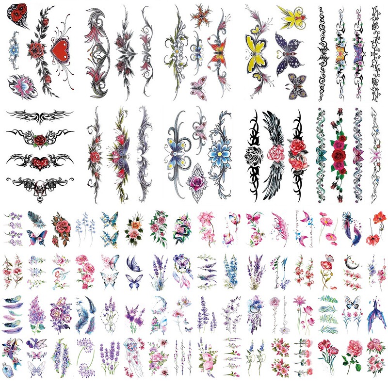 Colorful Flowers, Plants, Feathers, Size Patterns, Cross-Border Set, Water Transfer Printing, Waterproof Disposable Temporary Tattoo Stickers