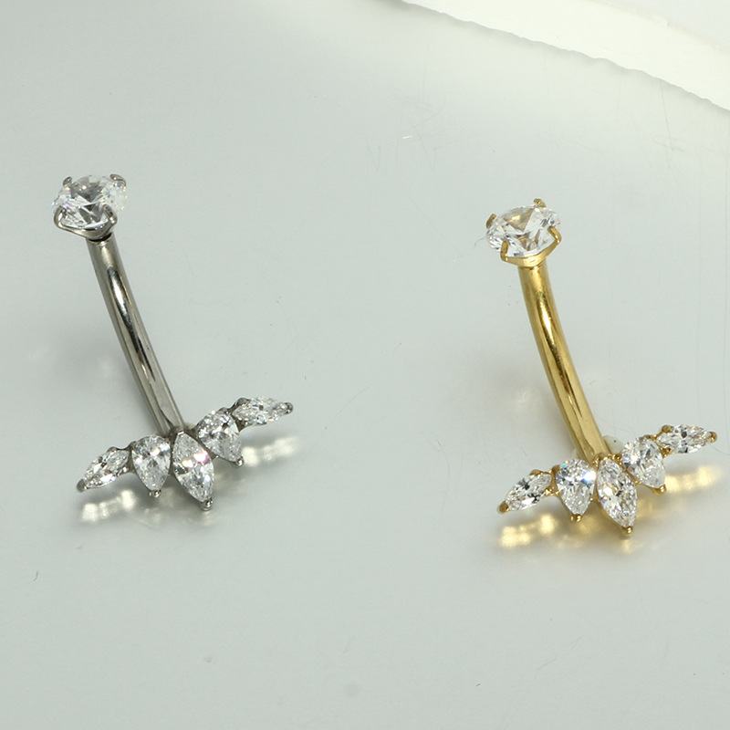 G23 Titanium Navel Piercing with Internal Prong-Set Marquise CZ Curved Bar 14G Belly Ring Jewelry detail image 8