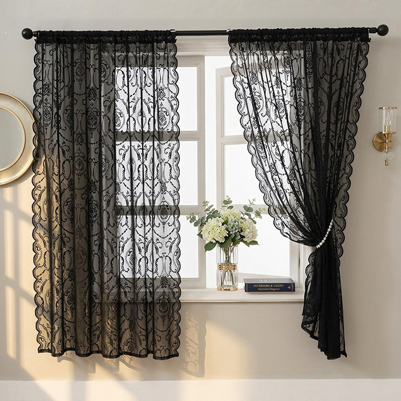 Schwarzes Netzstrumpfprodukt aus Spitze im französischen, ländlichen, nordischen Vintage- und amerikanischen Stil, schwarz, transparent, lichtdurchlässig_voghion.com