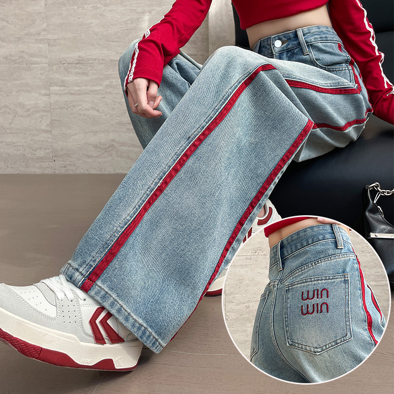 Patchwork Color-Block Straight-Leg Versatile Wide-Leg Jeans for Women 2025 Autumn Pear-Shaped Body Trendy Embroidered Floor-Length Pants