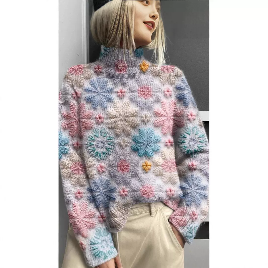 外贸跨境2025亚马逊新款圣诞节抽象印花休闲披风外套高领毛衣