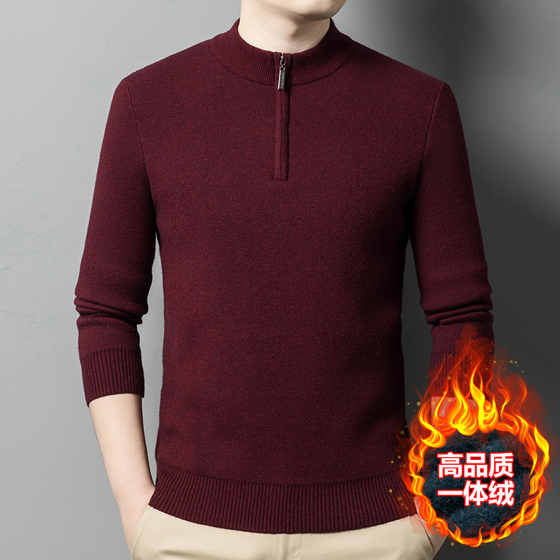 Men's winter solid color keep warm velvet knitted sweater with…