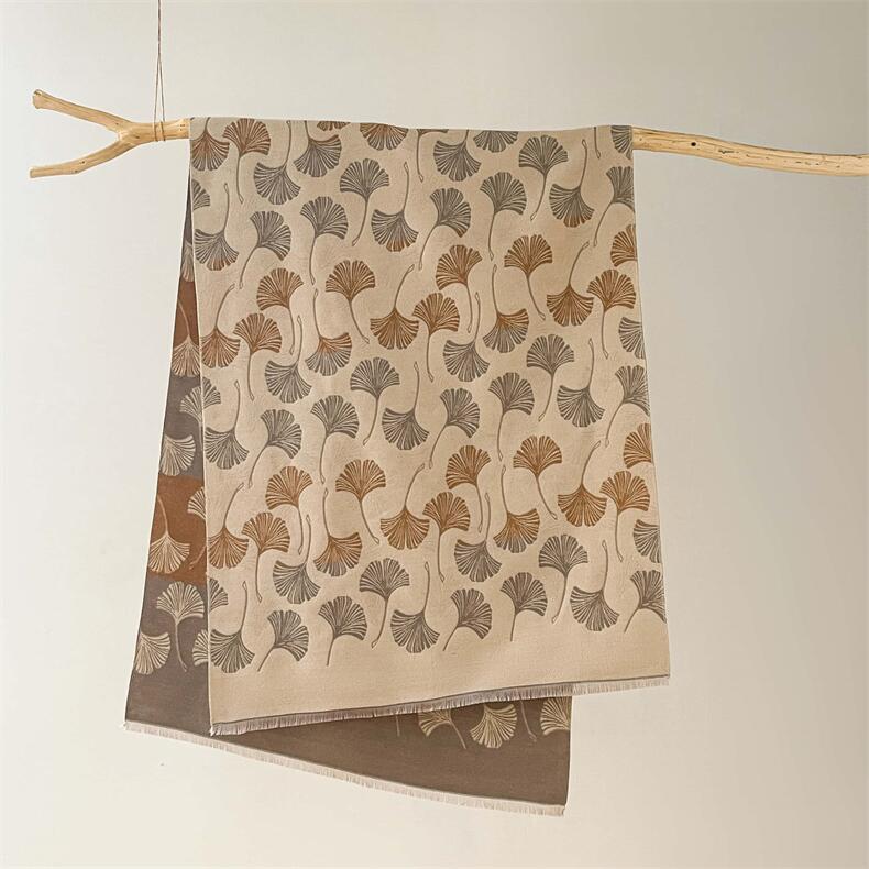 684g Weight Scarf Classification Outdoor, Daily Occasion Imitation cashmere Material Ginkgo Leaf Pattern Autumn&Winter Season Women's Gender Japanese Style, Sweet Style Women's Japanese Style Sweet Ginkgo Leaf Imitation Cashmere Scarf 1