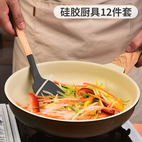 Silicone Kitchen Utensil Set of 12 Pieces for Home Use, Wooden Handle Silicone Kitchen Utensils, Multi-Purpose Combination Cooking Spatulas and Knives