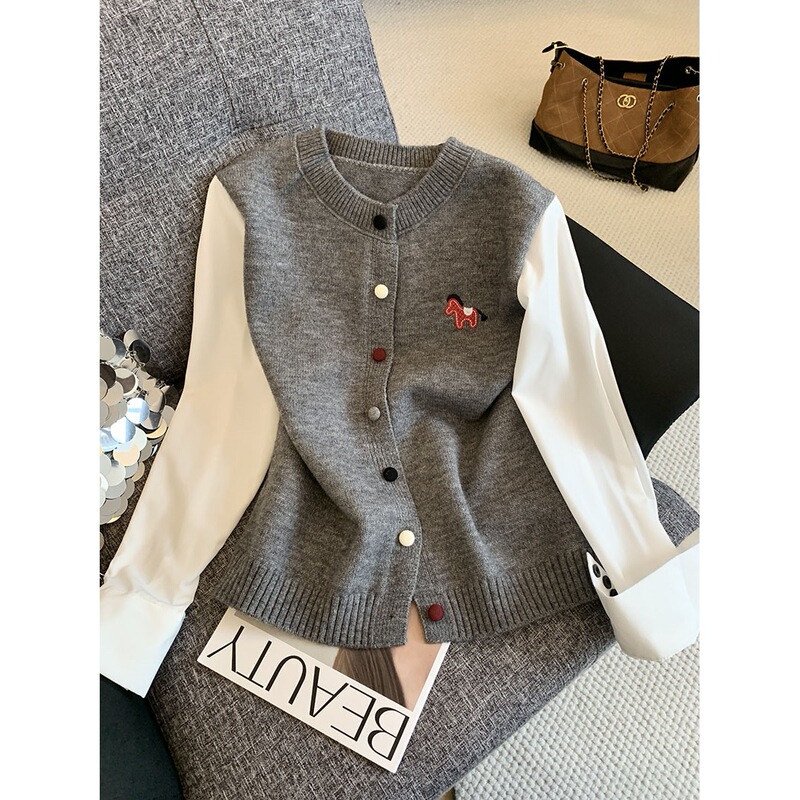 Early Spring Korean Style Little Horse Embroidery Knitted Cardigan Sweater for Women, Faux Two-Piece Buttoned Vest Knitwear for Layering Early Spring Korean Style Little Horse Embroidery Knitted Cardigan Sweater for Women, Faux Two-Piece Buttoned Vest Knitwear for Layering