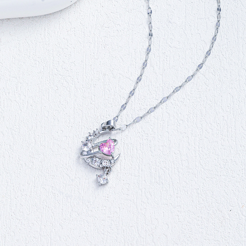 Moon, Heart Shape Pattern Women's Gender Wholesale Jewelry Elegant Classic Style Moon Heart Shape Titanium Steel Zircon Pendant Necklace
