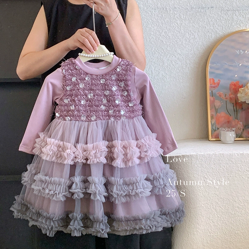 Весенний маленький принцесса костюм, детский наряд с sequins без рукавов, платье, комплект, тенденция сезона, осень