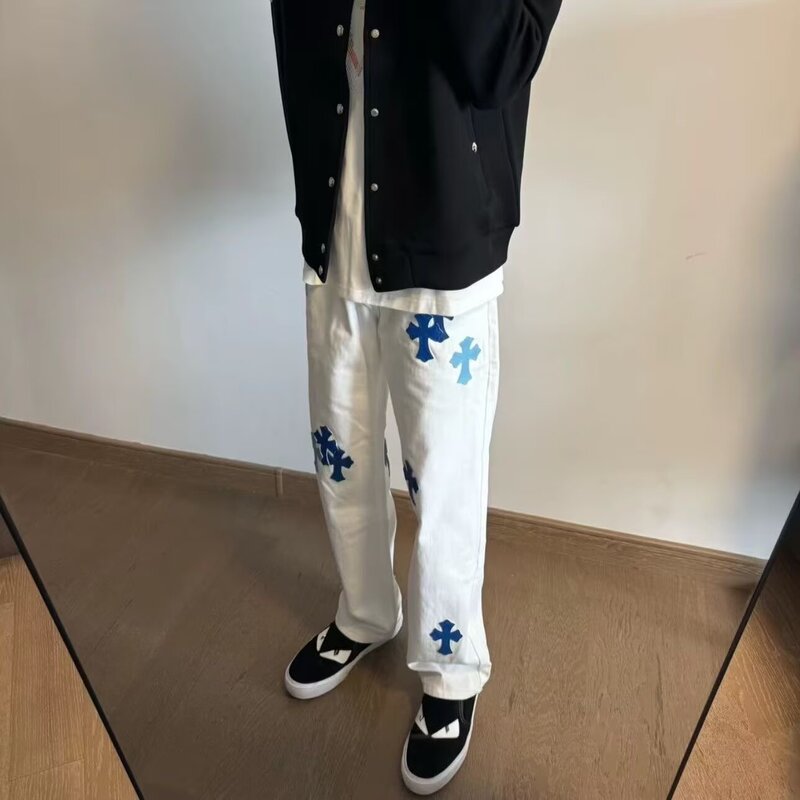 24 Cross-Border Correct Version of Chrome Hearts Chrome Jeans Cross Leather Jeans Couple Style