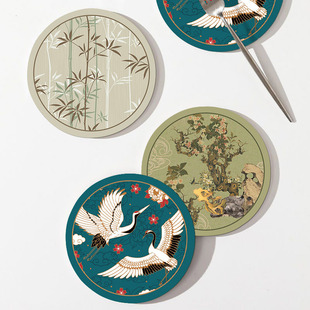 New Chinese Crane Placemat Coaster Mat Chinese Style Bamboo Waterproof Oil-proof Heat Insulation Light Luxury High-end Retro Washable
