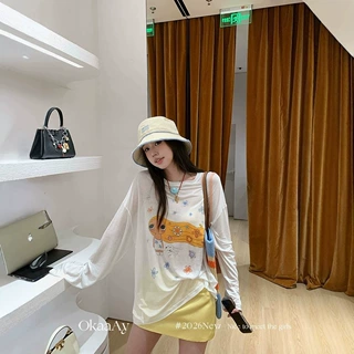 韩版小众设计甜美风印花防晒T恤女慵懒风宽松休闲百搭圆领长袖潮