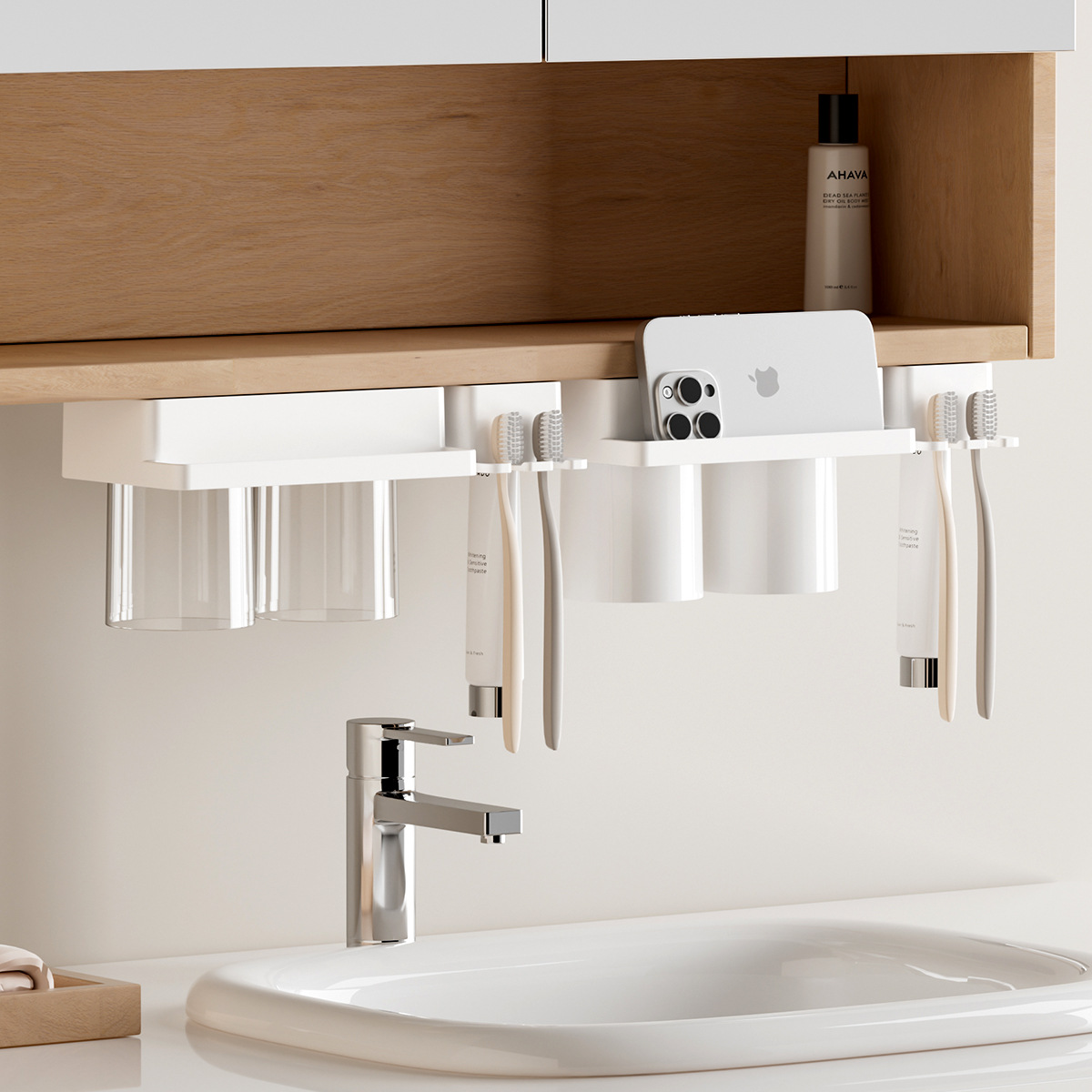 No-Drill Suction Cup Toothbrush Holder and Mouthwash Cup Set, Magnetic Wall-Mounted Bathroom Storage Rack, Home Luxury Style