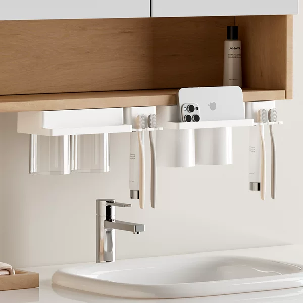 No-Drill Suction Cup Toothbrush Holder and Mouthwash Cup Set, Magnetic Wall-Mounted Bathroom Storage Rack, Home Luxury Style