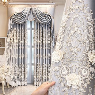 Amazon Cross-Border E-Commerce Dropshipping European Luxury Curtain Head Gray Curtain Finished French Double-Layer Relief Guest