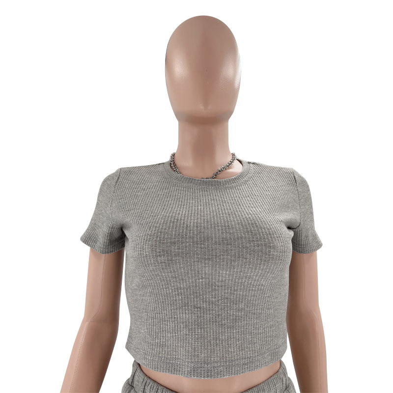 Spring Summer Solid Color Waffle round Neck Short Sleeve Women Clothing Casual Trousers Sets 11 Spring Summer Solid Color Waffle round Neck Short Sleeve Women Clothing Casual Trousers Sets
