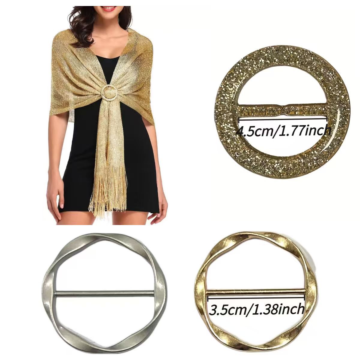 Cross-Border Women's Shiny Gold Thread Scarf Wedding Party Dress Shawl 3-Piece Set With 3 Buckles_voghion.com