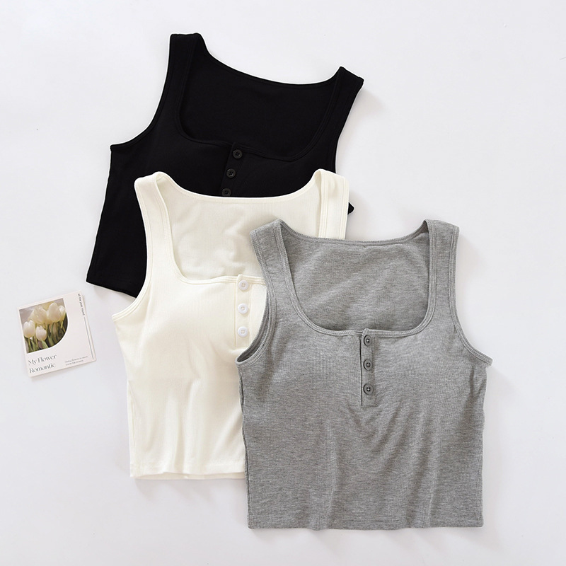 Button Decoration Navel Square Collar Vest with Chest Pad Short Inner Slim-Fit High Waist Underwear Base Shirt Sleeveless Top Button Decoration Navel Square Collar Vest with Chest Pad Short Inner Slim-Fit High Waist Underwear Base Shirt Sleeveless Top