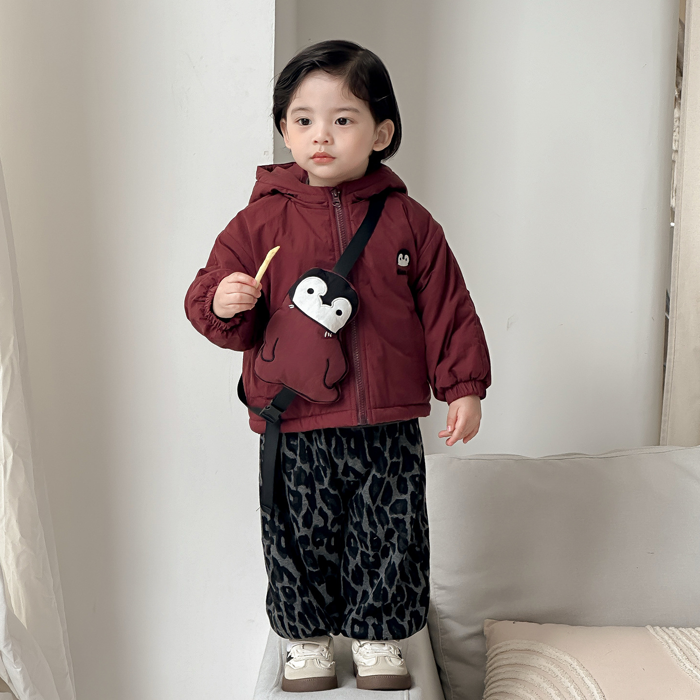 点兮冬季新款婴幼儿夹棉加绒外套套装宝宝开衫打底衫豹纹裤三件套