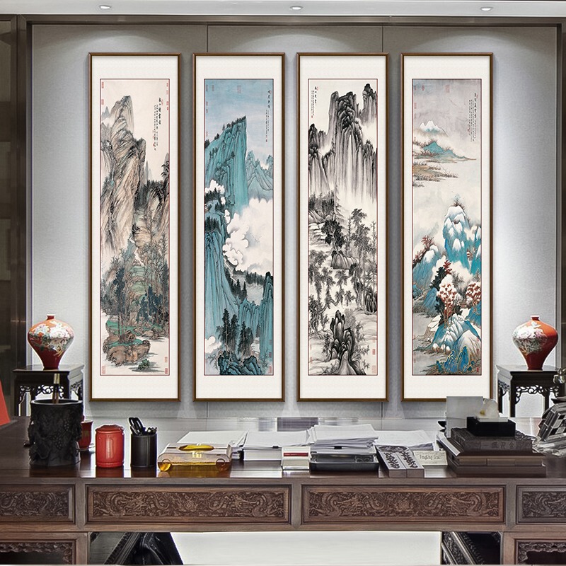 Spring, summer, autumn and winter four screen painting traditional Chinese painting landscape painting nave living room hanging painting Chinese background wall decorative painting mural