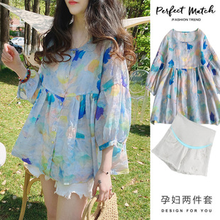2025 New Maternity Summer suit Doll Shirt Top Floral Denim Shorts Two-piece Set