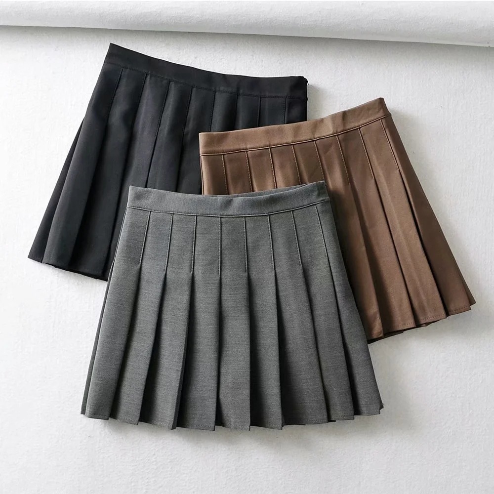 falda plisada de color sólido de cintura alta NSAC21959