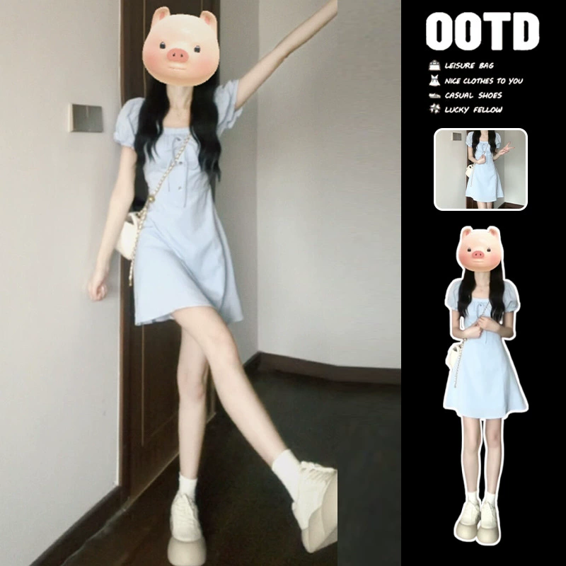 Сексуальное синее платье с квадратным вырезом для женщин, лето 2025, новый стиль, миниатюрная французская юбка принцессы первой любви