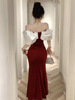 One line neckline waist wrapped hip skirt velvet formal dress