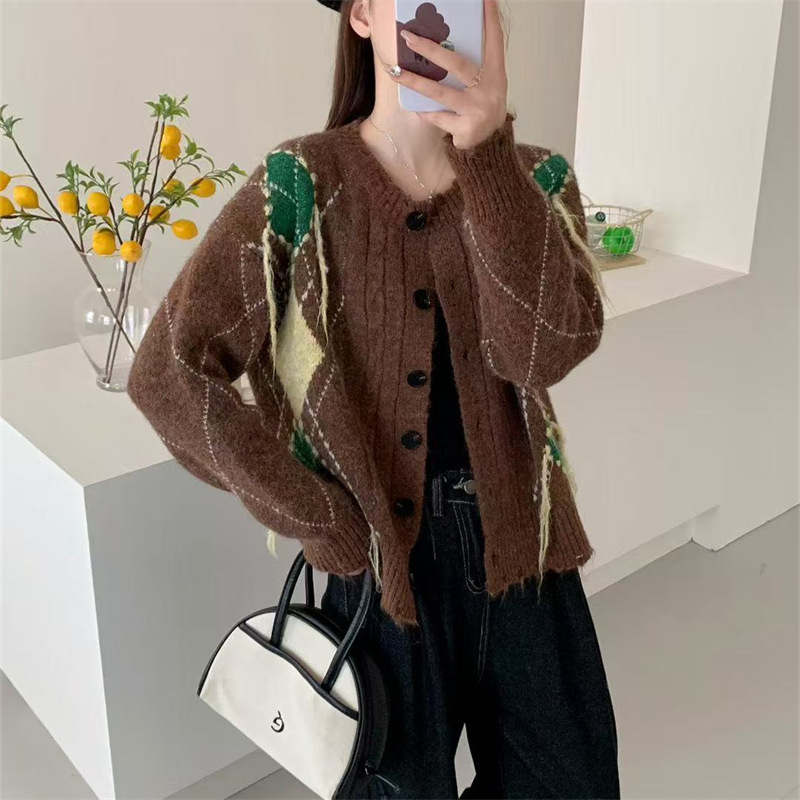 法式时髦提花圆领外套女宽松秋季新款撞色复古菱形毛衣开衫外套女|undefined