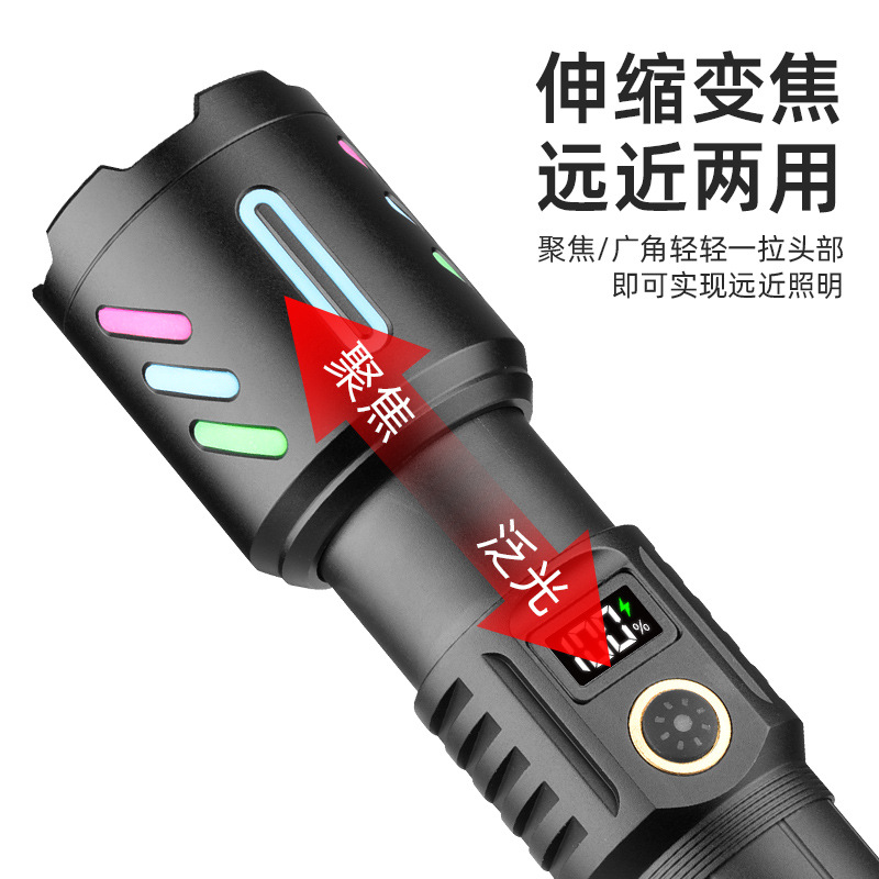 Nuevo suministro transfronterizo linterna láser blanca zoom inundación de largo alcance decoración fluorescente recargable aluminio lámpara LED