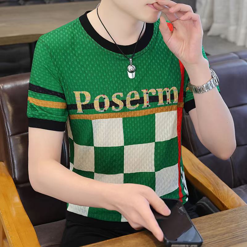 New Men's Ice Silk Short-Sleeve T-Shirt, Loose Fit, Thin, Hollow-Out, Round Neck, Casual T-Shirt, Trendy Striped Short-Sleeve